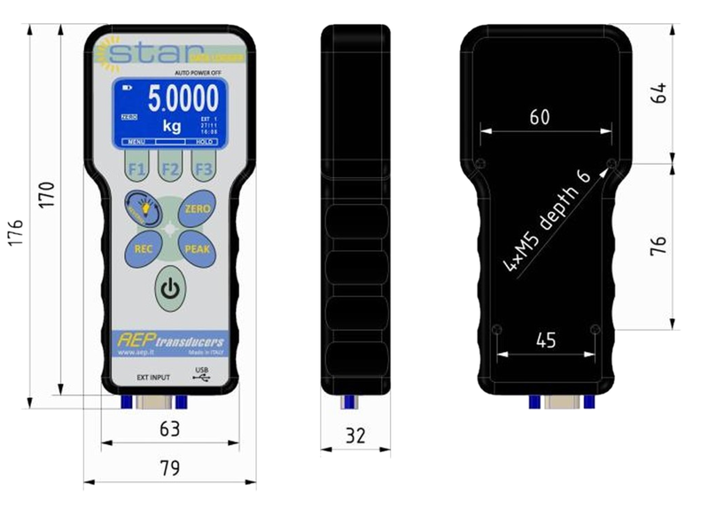 Maßzeichnung Handheld EHAA AE-Star mit Gehäuseabmessungen