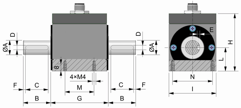 Maßzeichnung Drehmomentsensor MDAA RT2 mit Wellendurchmesser und Gehäuseabmessungen