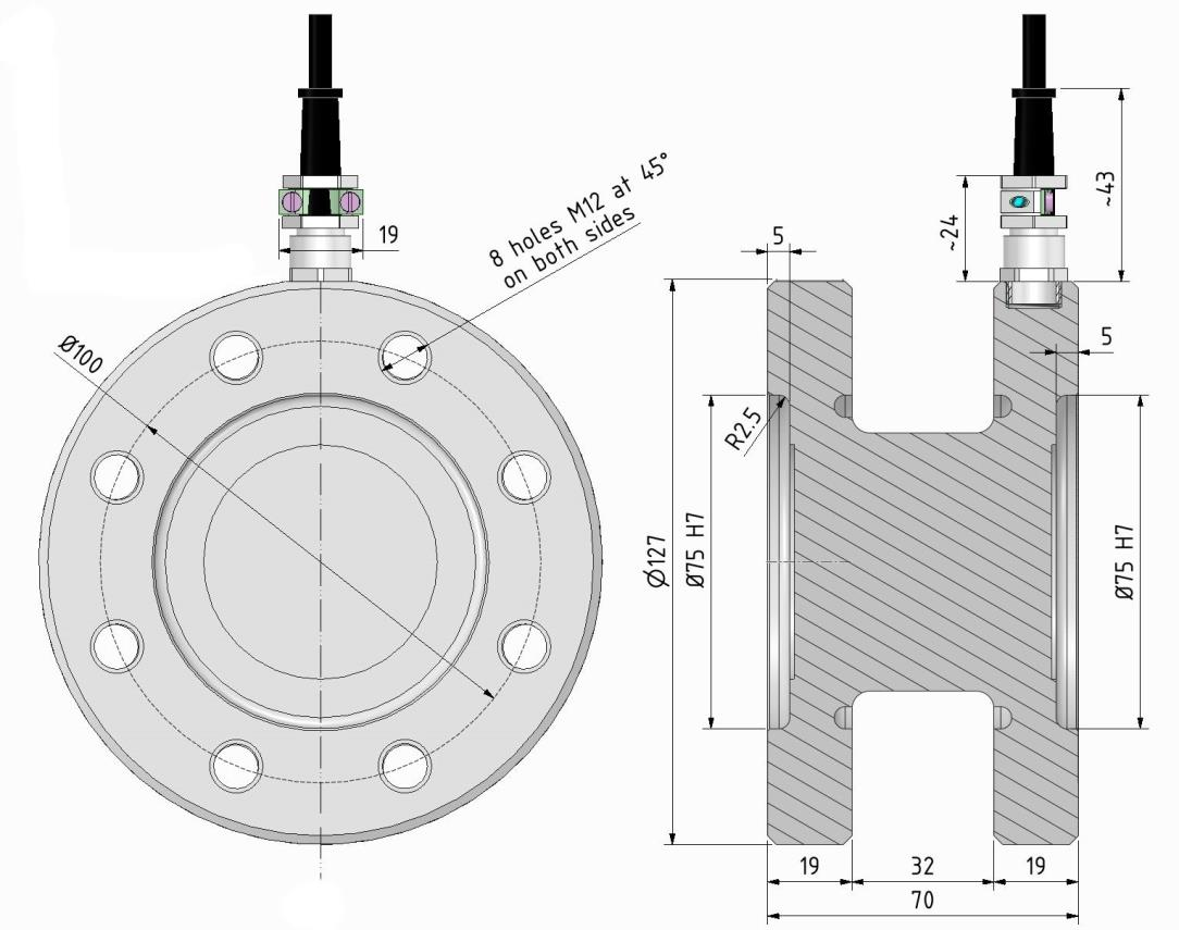 Maßzeichnung Drehmomentsensor MSAA TRX für 200 N·m bis 2 kN·m mit Flansch Ø 127 mm