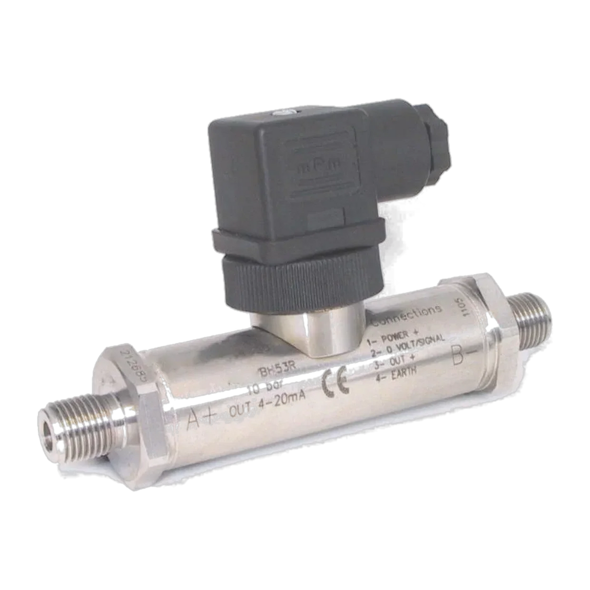 PDAB Differenzdruck-Transmitter DF2: Edelstahlgehäuse mit zwei Druckanschlüssen A+ und B−, Sechskanten und Winkelstecker