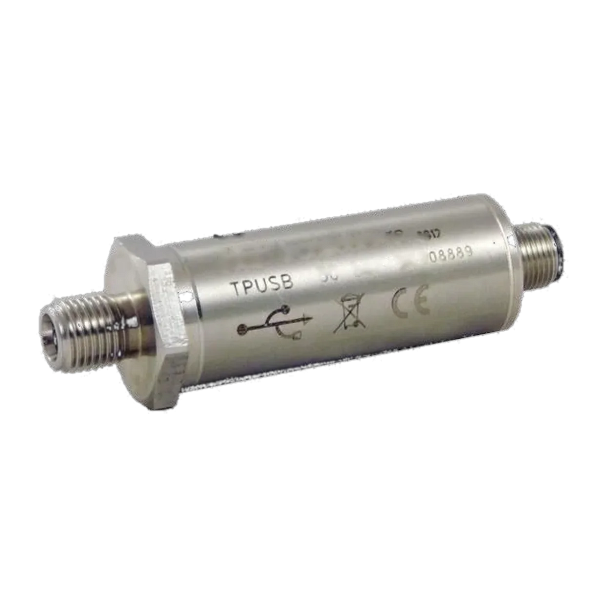 PRAH Drucktransmitter mit USB TPUSB: Edelstahlzylinder mit Sechskant, Außengewinde und Rundstecker, aufgedrucktes USB-Symbol