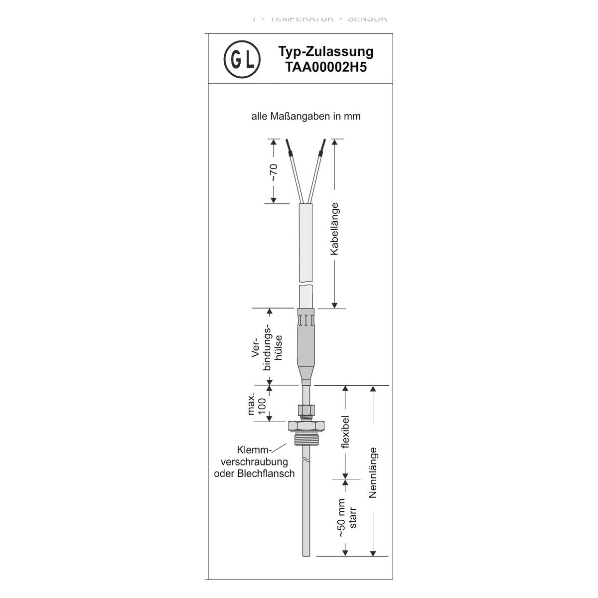 TBMD Mantel-Widerstandsthermometer GL: Maßzeichnung mit Verbindungshülse, Kopfzeile GL Typ-Zulassung TAA00002H5