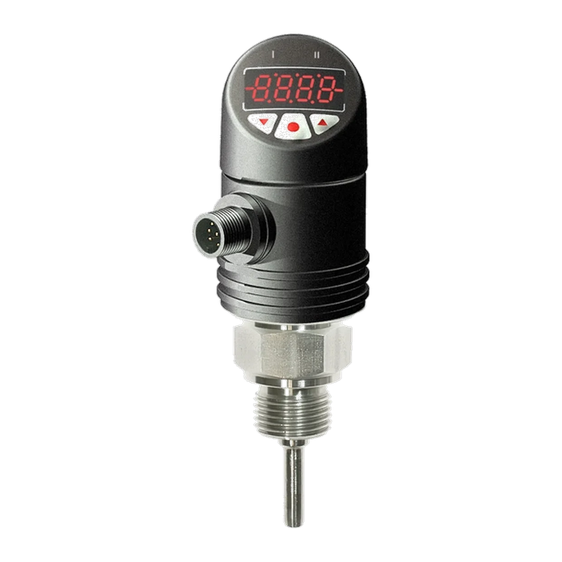 TEMB Einschraub-Temperatursensor Pt100: schwarzes Gehäuse, rotes Display, drei Tasten, M12-Stecker, Sechskant und Messrohr