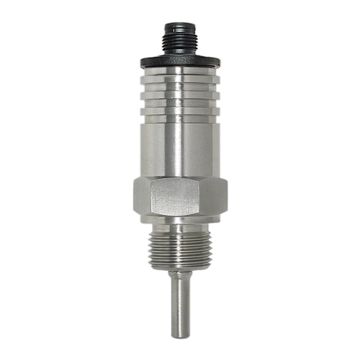 TPMA Kompakt-Temperatursensor: Edelstahlgehäuse mit Kühlrippen, Sechskant, Gewinde, Messrohr und schwarzem M12-Stecker