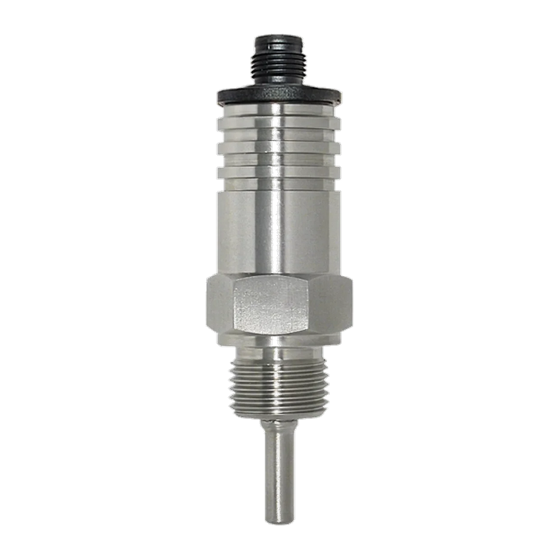 TPMA Kompakt-Temperatursensor: Edelstahlgehäuse mit Kühlrippen, Sechskant, Gewinde, Messrohr und schwarzem M12-Stecker