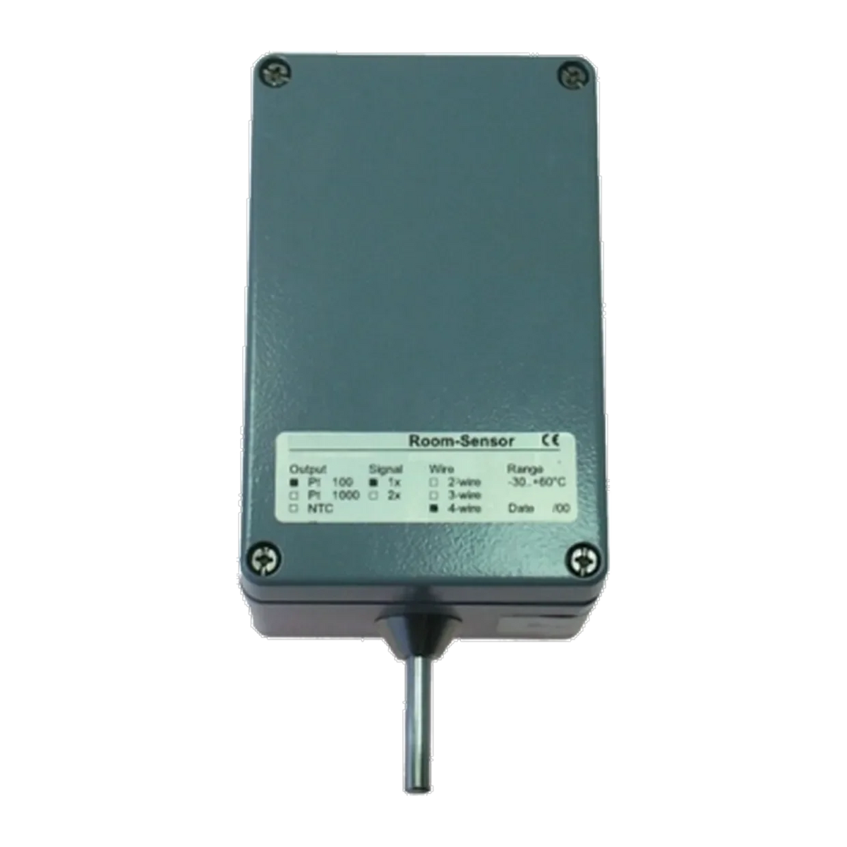 TRMB Raum-Widerstandsthermometer: graues Rechteckgehäuse mit vier Schrauben, Schild Room-Sensor und Messrohr unten