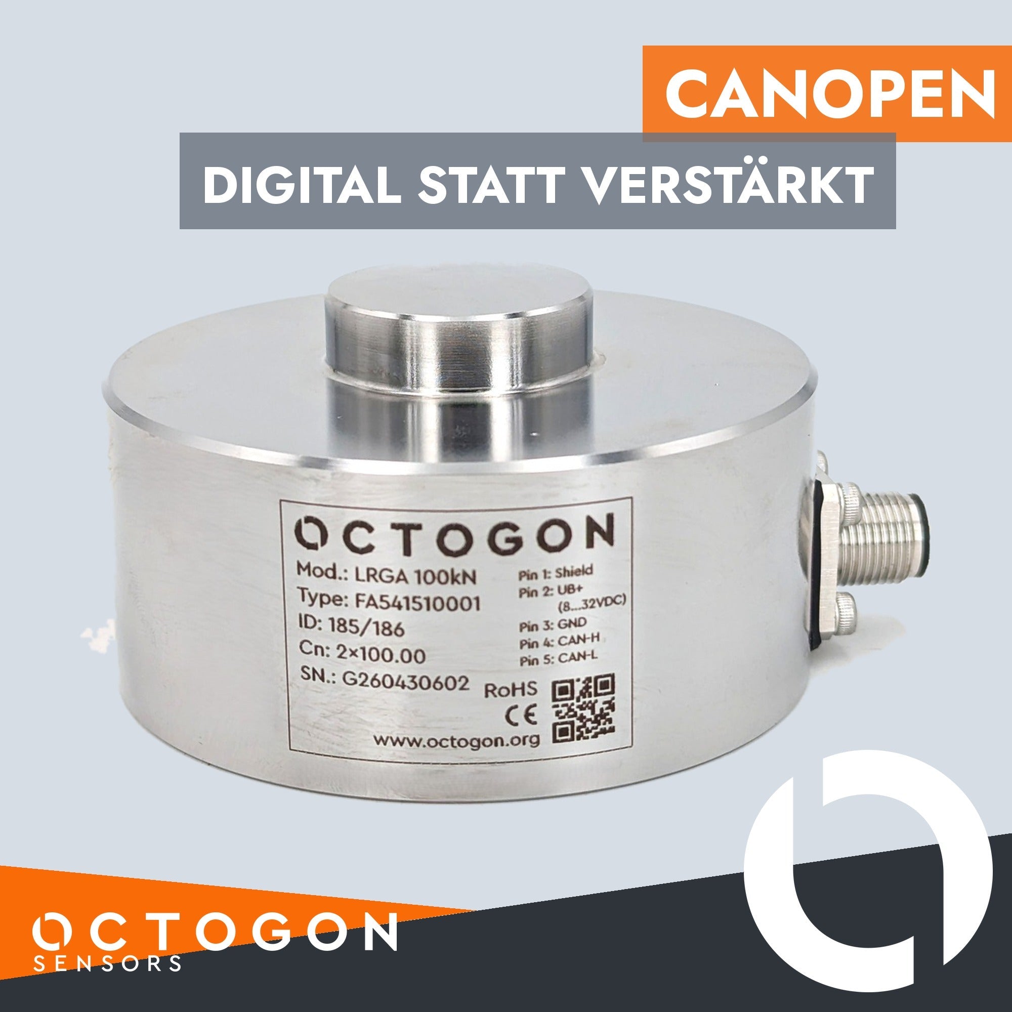 Ring-Kraftmessdose LRGA 100 kN mit CANopen-Schnittstelle und M12-Steckverbinder