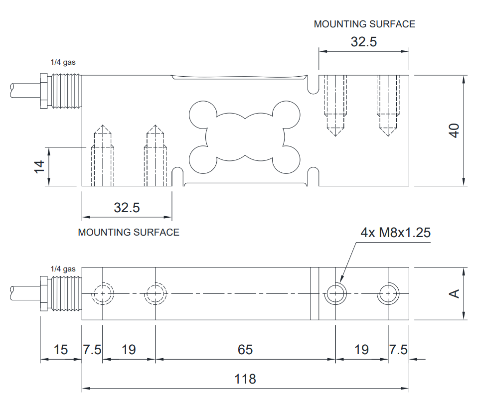 Maßzeichnung Single-Point-Wägezelle LCLK L-PTC, Länge 118 mm
