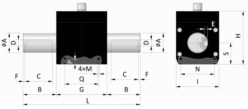 Maßzeichnung Drehmomentsensor MDAB RT8 mit Wellendurchmesser und Gehäuseabmessungen
