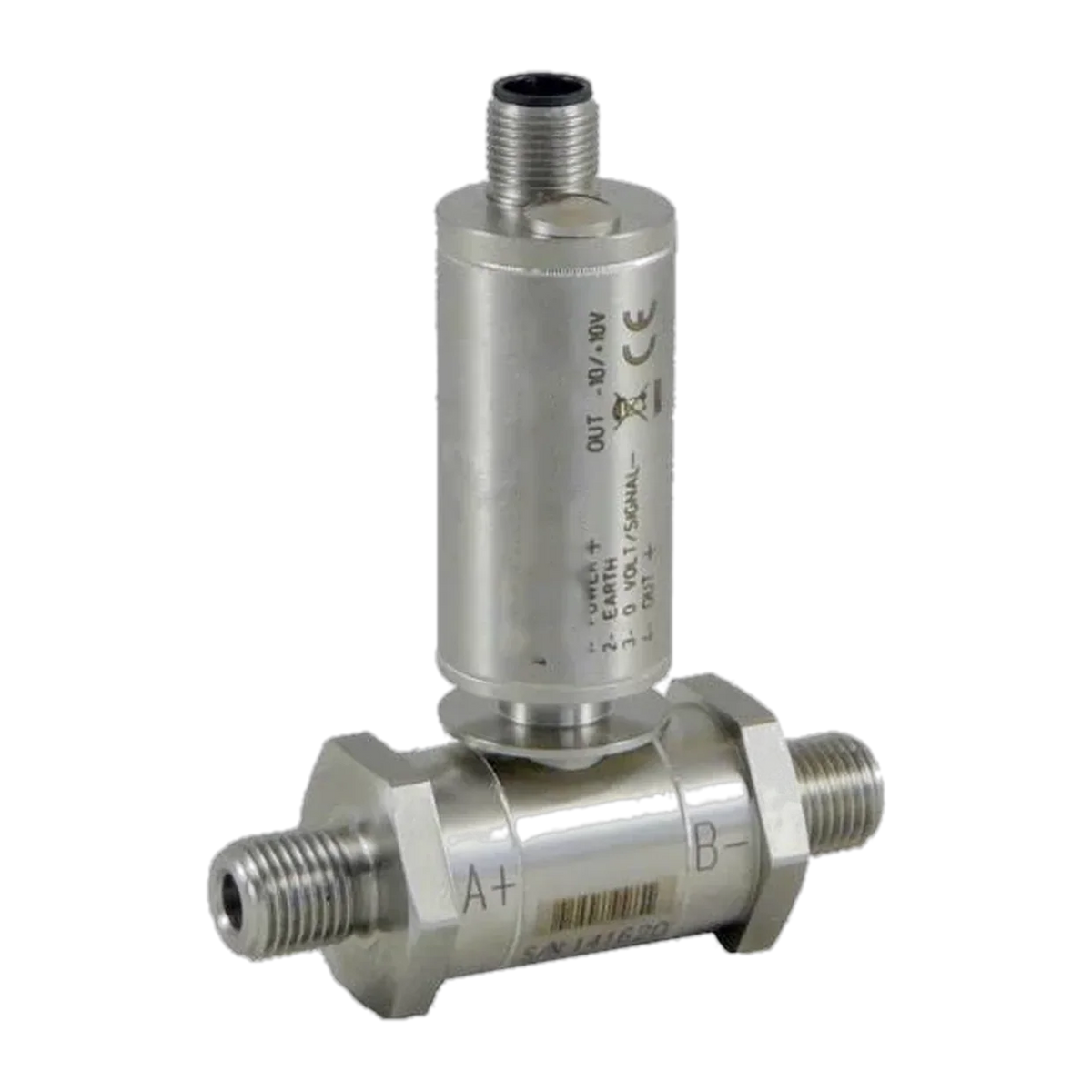 PDAA Differenzdruck-Transmitter DF2R: Edelstahlgehäuse mit zwei Druckanschlüssen A+ und B−, Sechskant und M12-Stecker