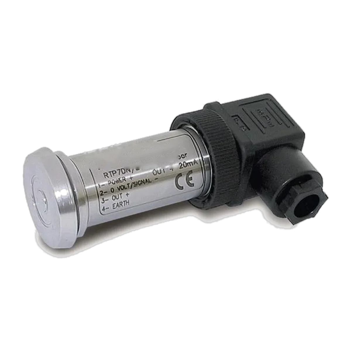 PRAL Frontmembran-Drucktransmitter TP7DN: Edelstahlzylinder mit großflächiger Frontmembran, Klemmenbelegung und Winkelstecker