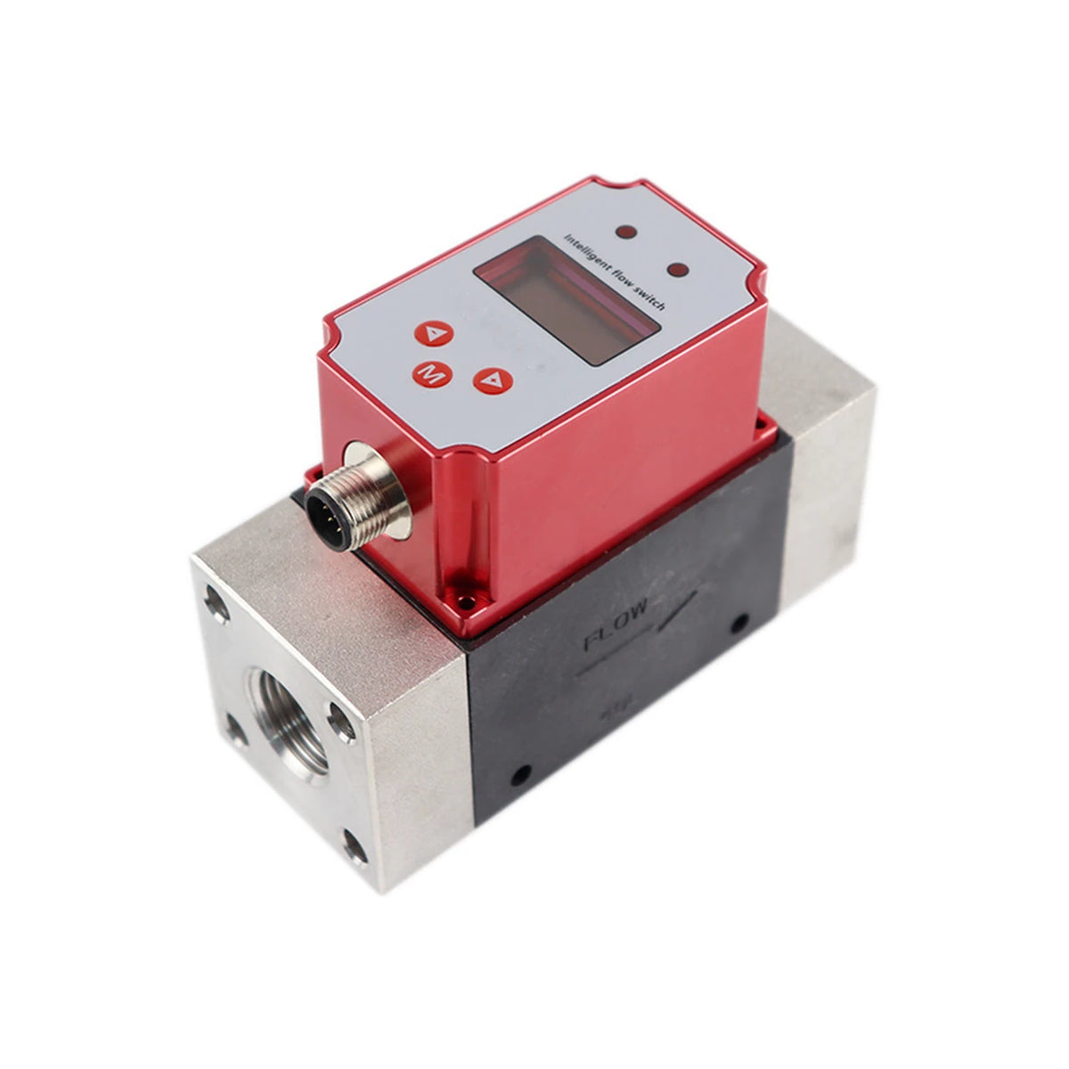 QEKI Durchfluss-/Temperatursensor, OLED-Anzeige: roter Elektronikkopf mit Anzeige und drei Tasten auf Messblock mit Innengewinde, M12-Stecker