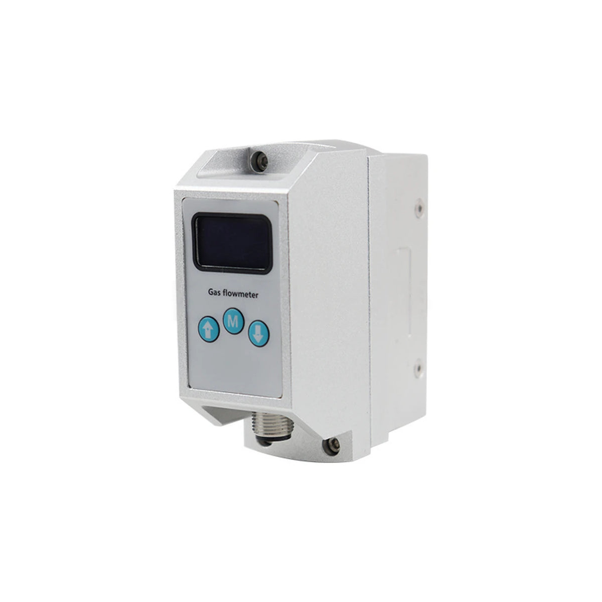 QGKJ MEMS-Gasmassedurchflussmesser G3/8: Aluminiumgehäuse mit Display, drei Tasten und Aufschrift Gas flowmeter, Stecker unten