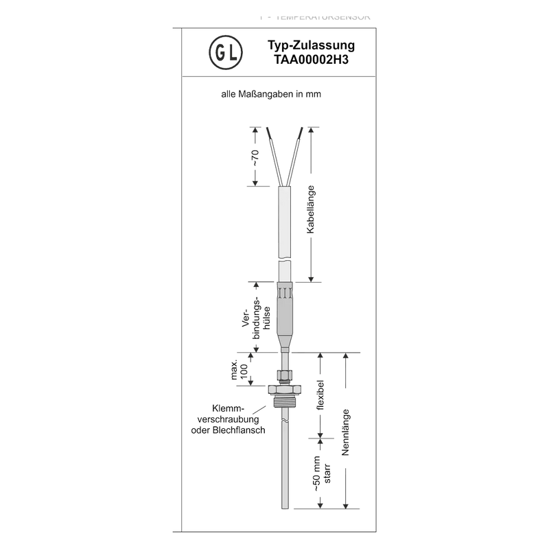 TBMB Mantel-Thermoelement GL: Maßzeichnung mit Verbindungshülse und Klemmverschraubung, Kopfzeile GL TAA00002H3