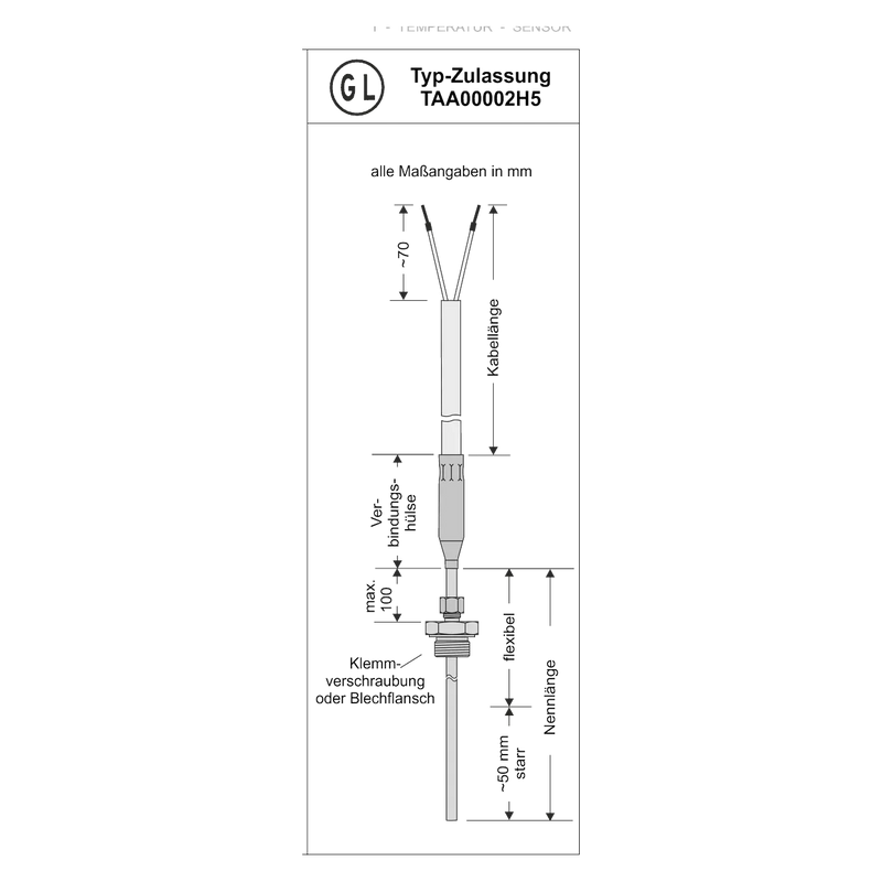 TBMD Mantel-Widerstandsthermometer GL: Maßzeichnung mit Verbindungshülse, Kopfzeile GL Typ-Zulassung TAA00002H5