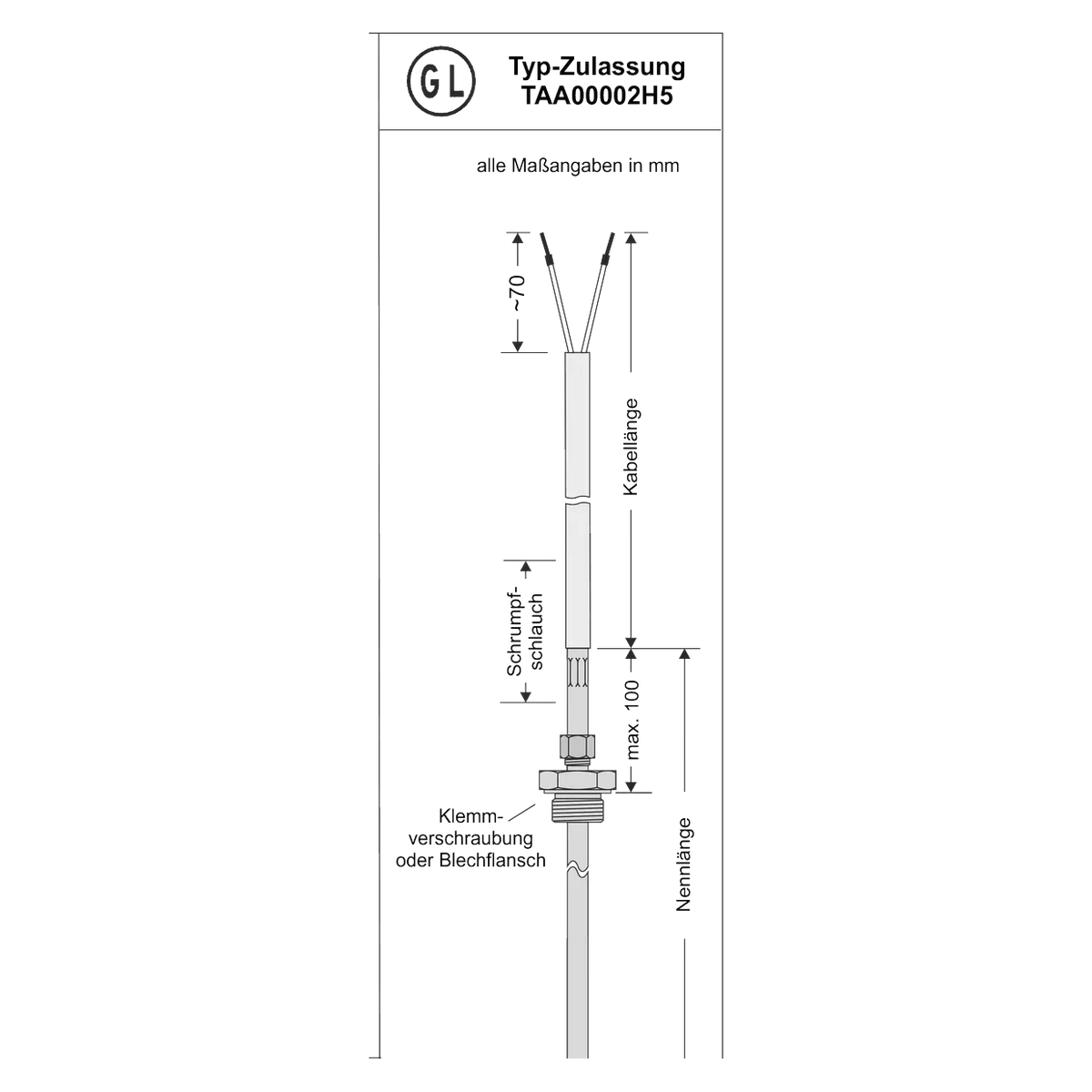 TCMD Widerstandsthermometer-Kabelfühler GL: Maßzeichnung mit Schrumpfschlauch, Klemmverschraubung, Kopfzeile GL TAA00002H5
