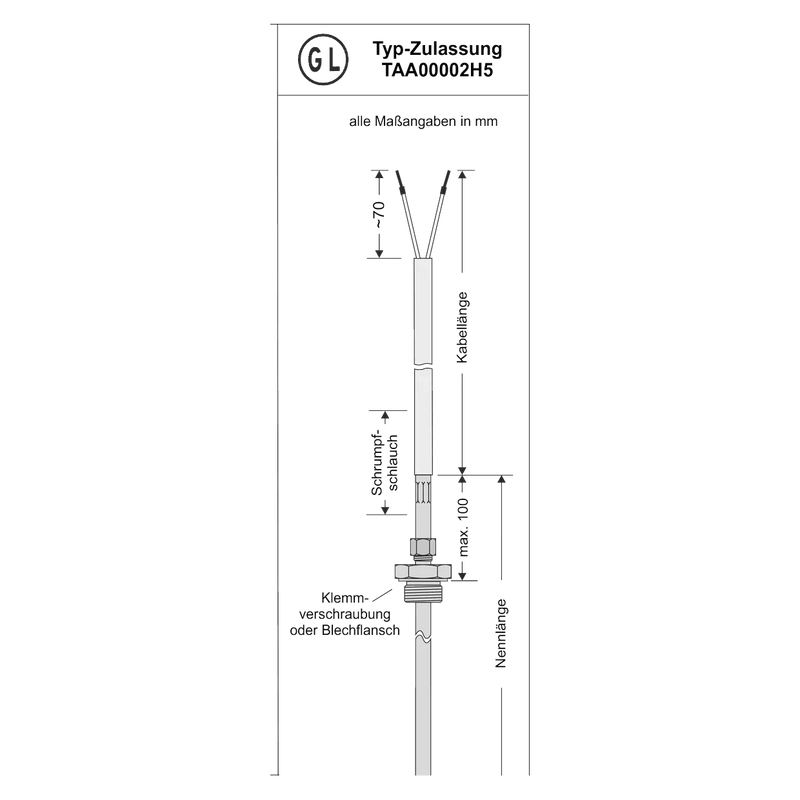 TCMD Widerstandsthermometer-Kabelfühler GL: Maßzeichnung mit Schrumpfschlauch, Klemmverschraubung, Kopfzeile GL TAA00002H5