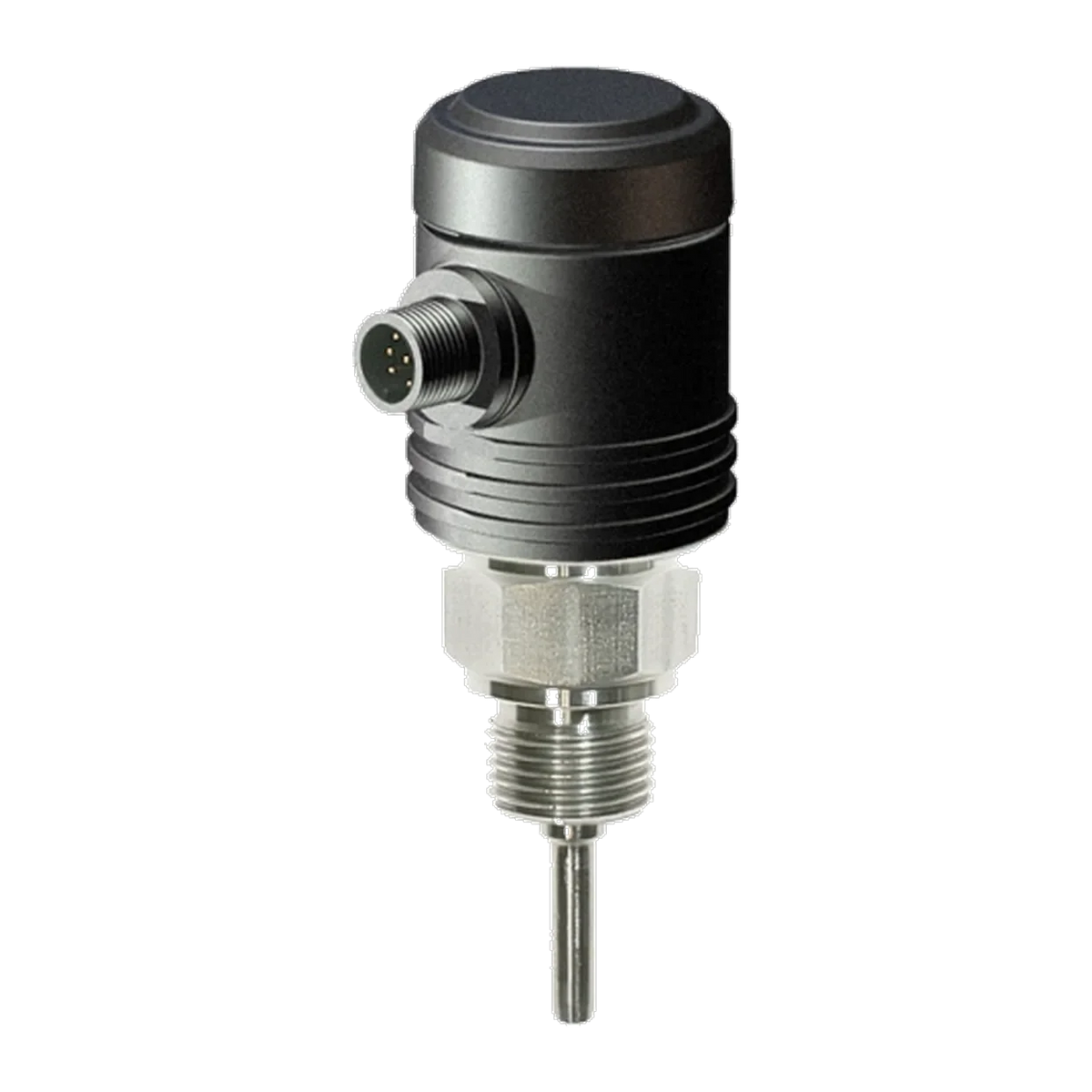 TEMC Einschraub-Temperatursensor HART: schwarzes Gehäuse ohne Anzeige, M12-Stecker, Sechskant und schlankes Messrohr