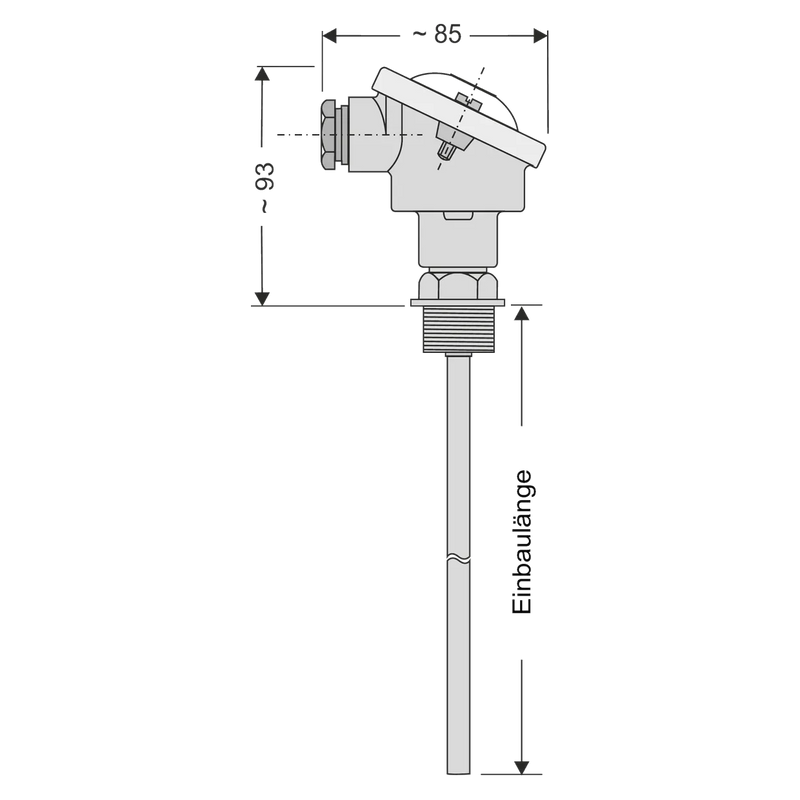 TKMB Thermoelement mit Anschlusskopf B GL: Maßzeichnung, Kopf mit Kabelverschraubung, Einschraubgewinde, Schutzrohr