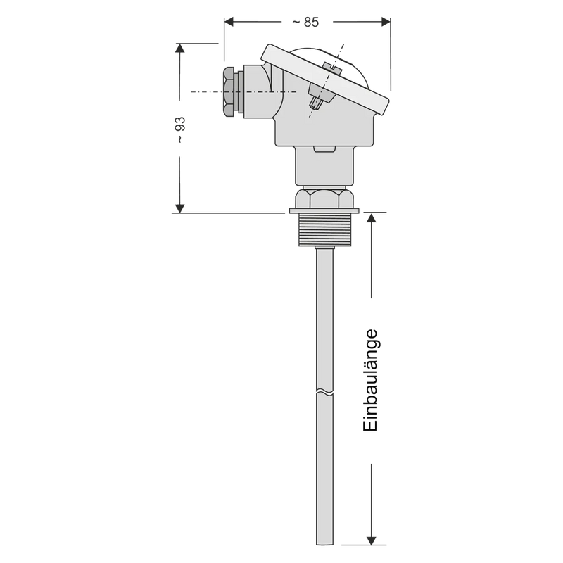 TKMC Widerstandsthermometer mit Anschlusskopf B: Maßzeichnung, Kopf mit Kabelverschraubung, Einschraubgewinde, Schutzrohr