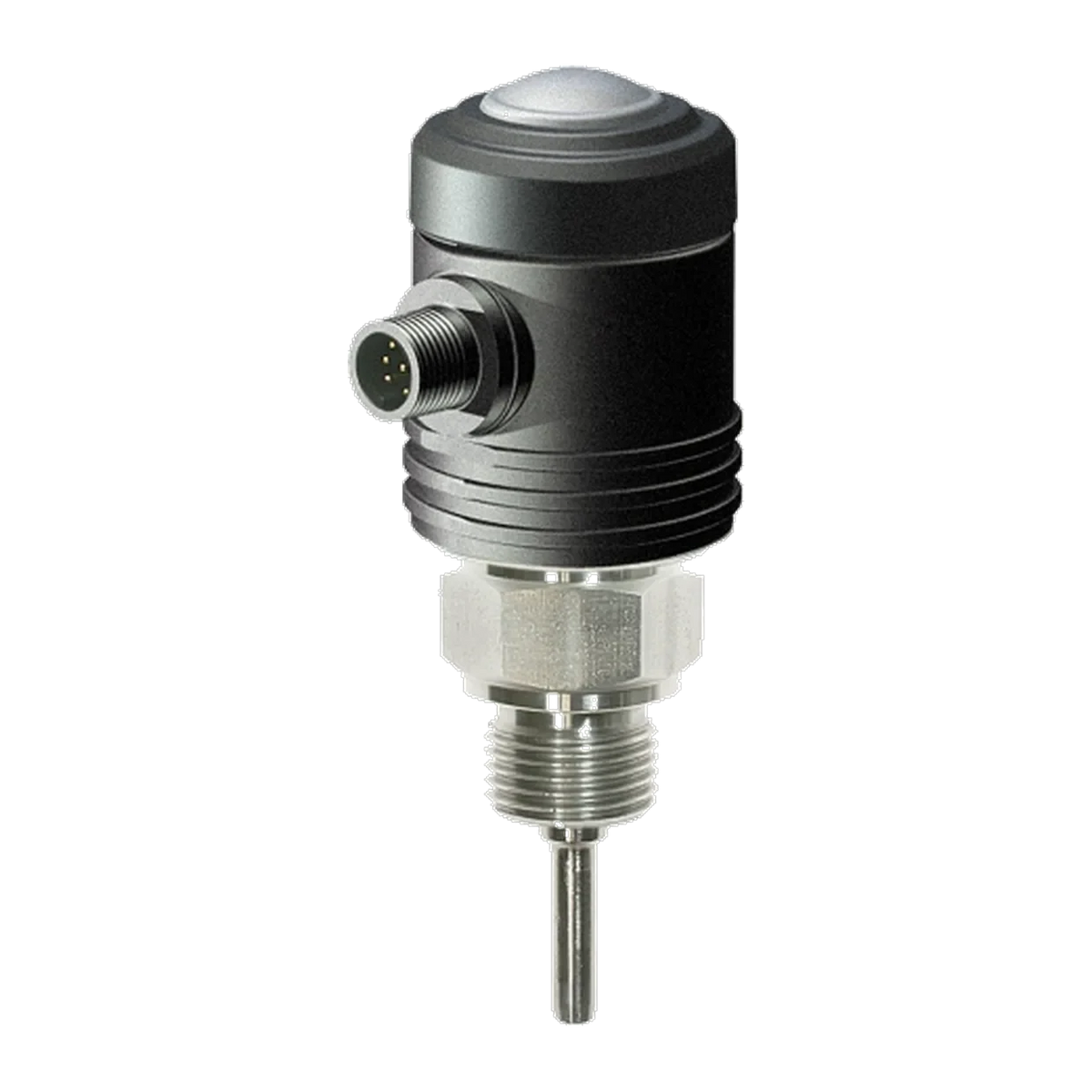 TLMB Temperatur-Grenzwertschalter: schwarzes Kunststoffgehäuse mit seitlichem M12-Stecker, Edelstahl-Sechskant und Messrohr