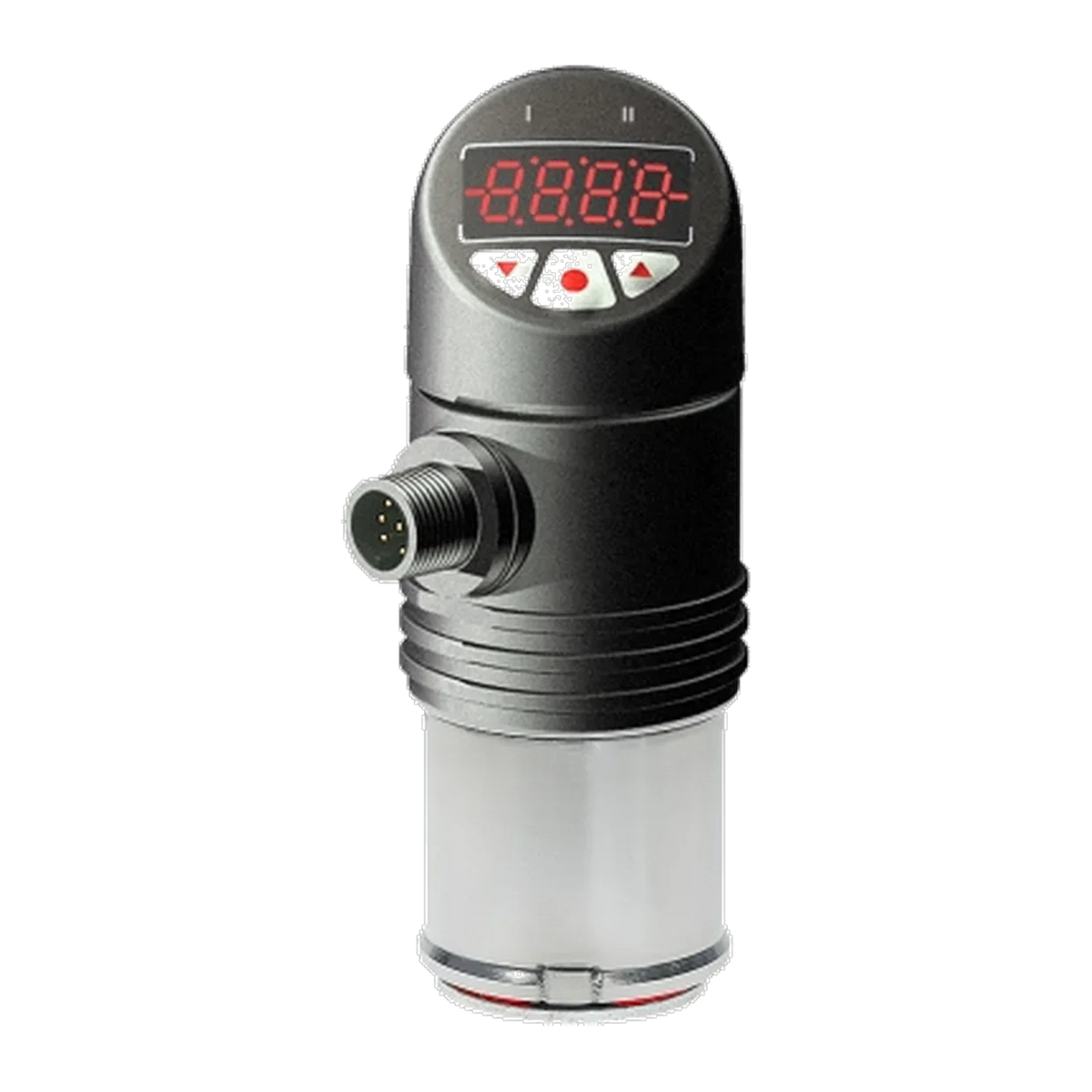 TMMA Oberflächensensor magnetisch mit Anzeige: rotes Display und drei Tasten im schwarzen Kopf, M12-Stecker und Haftmagnet