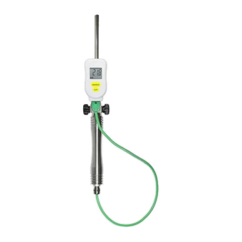 TNMA Einstech-Thermometer HART: weißes Anzeigemodul mit LCD und gelben Tasten, dünner Einstechfühler, grüne Messleitung