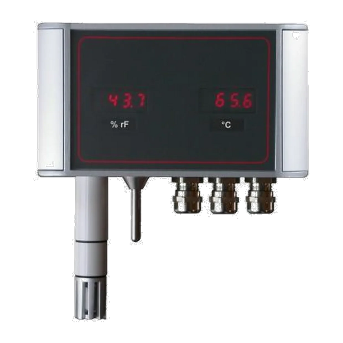 TRMC Raum-Klima-Sensor: Alugehäuse mit roten Anzeigen für % rF und °C, Feuchtefühler mit Filterkappe und dünnem Messrohr