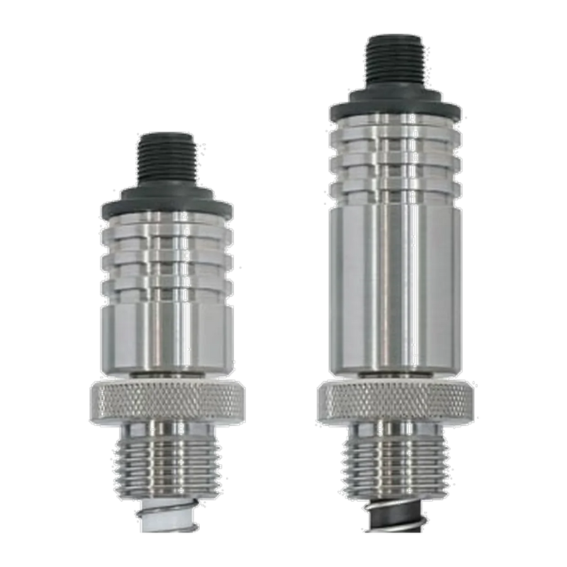 TSMB Anlegesensor gefedert IO-Link: zwei Edelstahlsensoren mit M12-Stecker, Kühlrippen, Rändelmutter und Feder